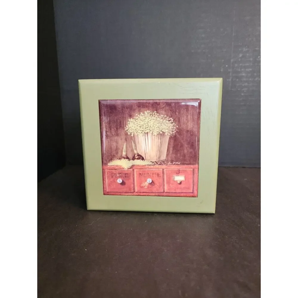 Arnie Fisk Print Tile Top Green Wooden Jewelry/Trinket Box 5.5